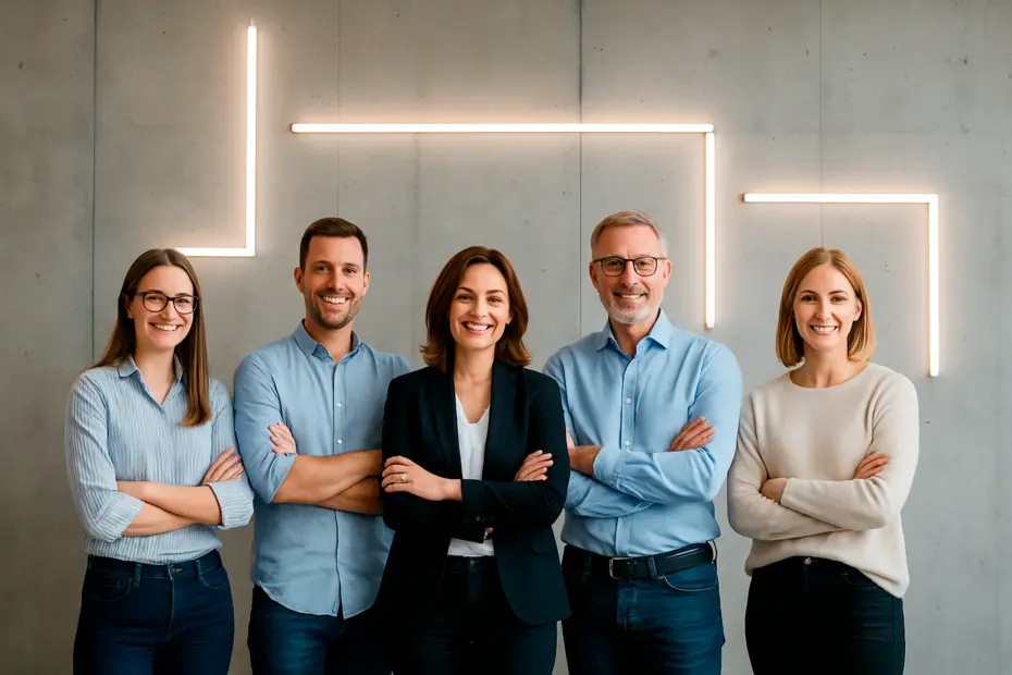 DWD Concepts Team vor einer Betonwand mit linearen LED-Leuchten, Gruppenaufnahme der Mitarbeitenden.