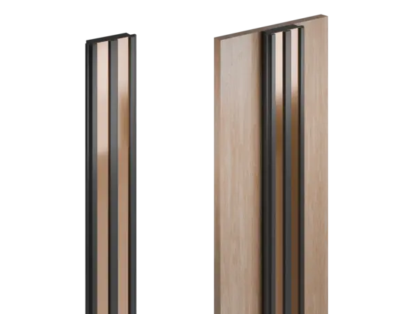 linke Abbildung: INWI X Woodline Stromschiene – rechte Abbildung: Stromschiene montiert in Regalrückwand – flexible Stromschienenlösung von DWD Concepts