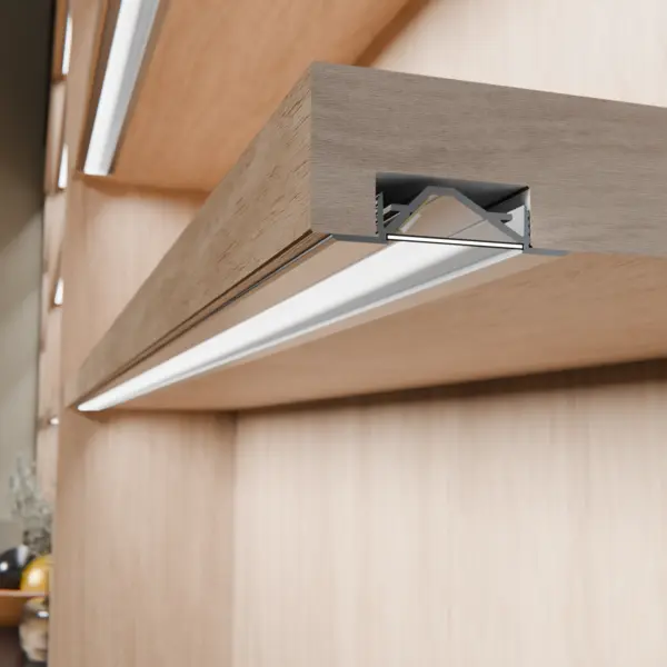 Einbausituation der LED-Lichtleiste MINI SIRIUS – eingelassene Montage im Holzboden – präzise Flächenbeleuchtung von DWD Concepts