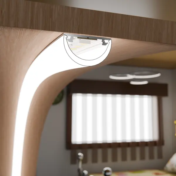 Montagesituation der LED-Lichtleiste CROOK 20 an runder Holzvertäfelung – flexible Lichtlösung von DWD Concepts