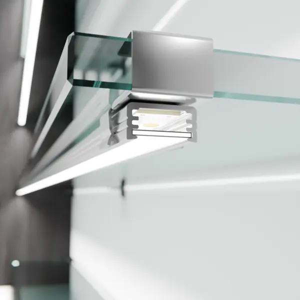 Montagesituation der LED-Lichtleiste TAURI mit Glasbodenclips am Glasboden – elegante Regalbeleuchtung von DWD Concepts