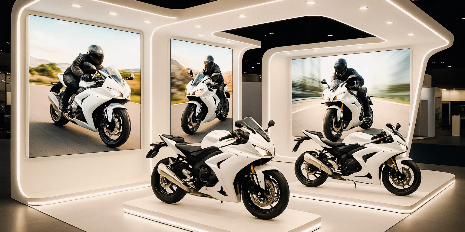 Messestand mit Motorrädern und integrierten LED-Lichtsystemen zur Produktpräsentation.