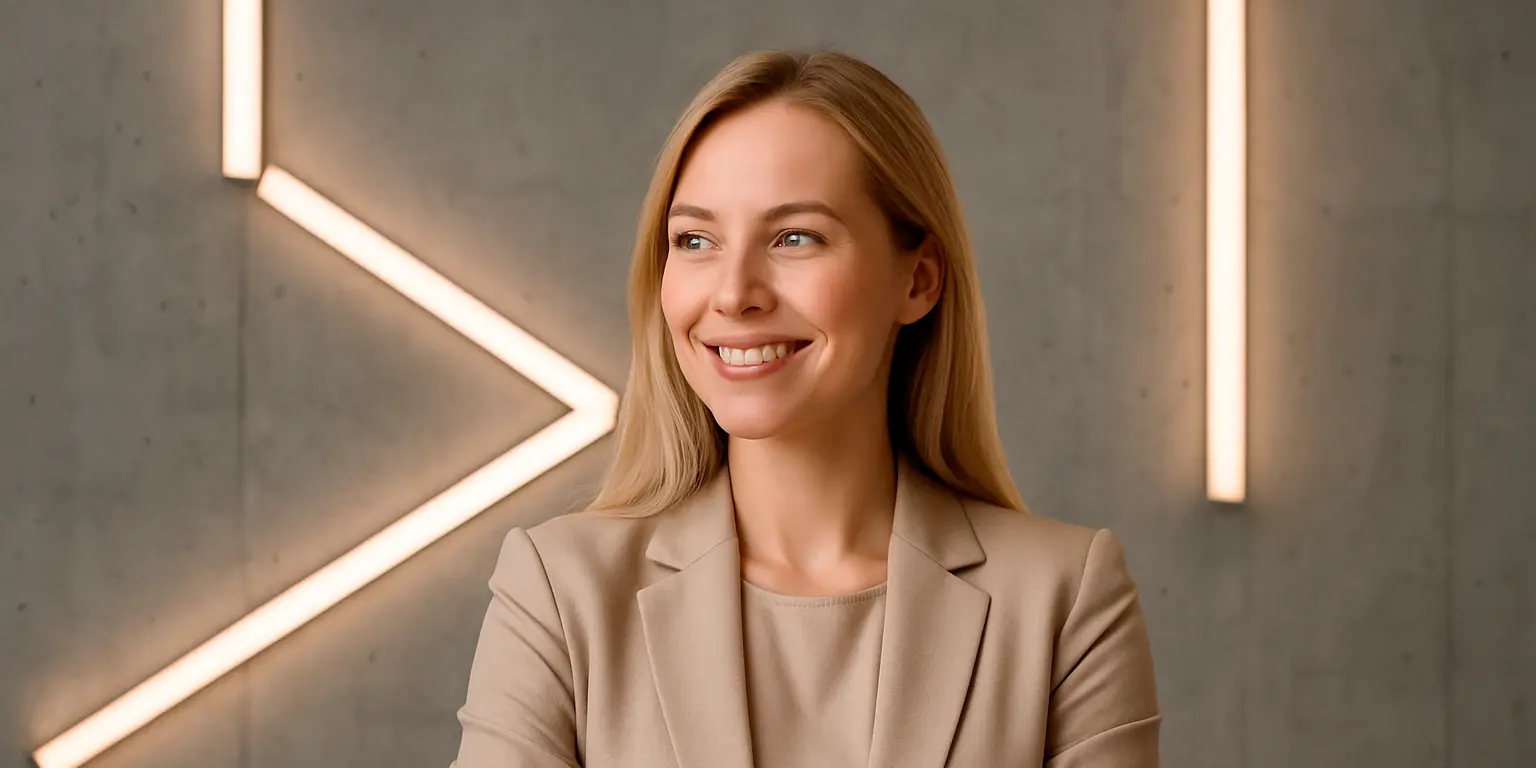 Mitarbeiterin vor Betonwand mit linearen LED-Lichtleisten