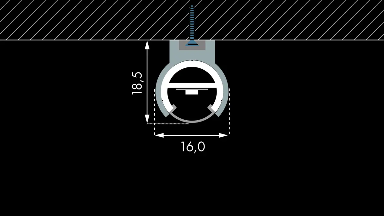 Querschnittszeichnung der LED-Lichtleiste GALLERY MDC mit verschraubter Montage über KT8-Clip und Abmessungen – technische Darstellung von DWD Concepts