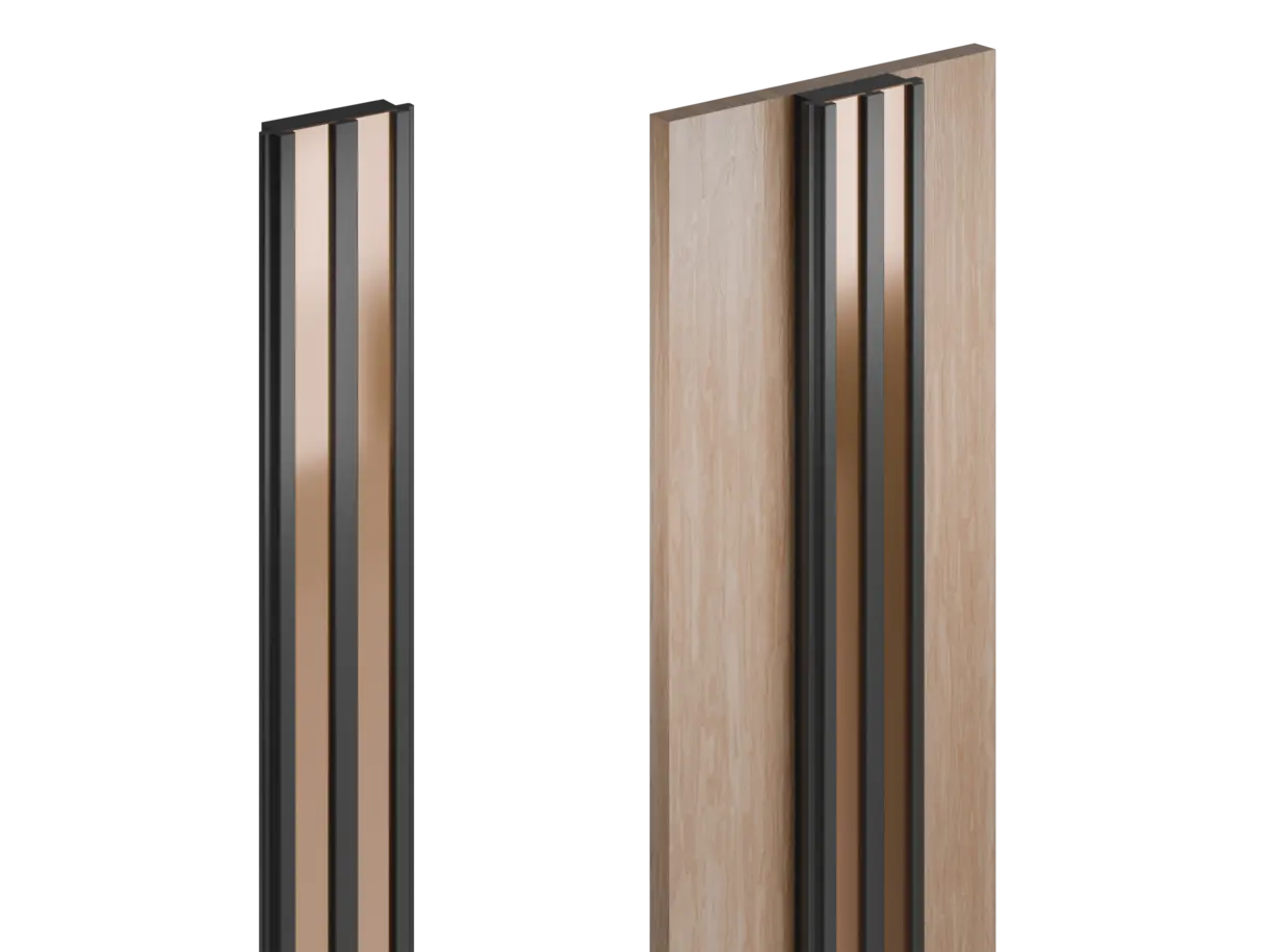linke Abbildung: INWI X Woodline Stromschiene – rechte Abbildung: Stromschiene montiert in Regalrückwand – flexible Stromschienenlösung von DWD Concepts