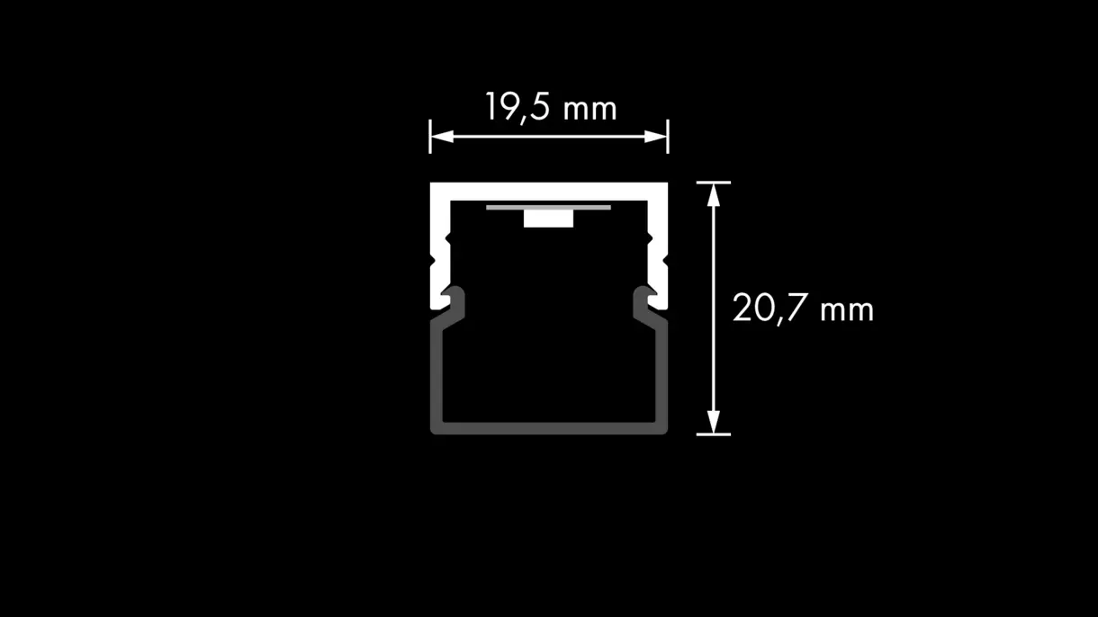 Querschnittszeichnung der LED-Lichtleiste CALLU L mit Diffusor und Abmessungen – technische Darstellung von DWD Concepts