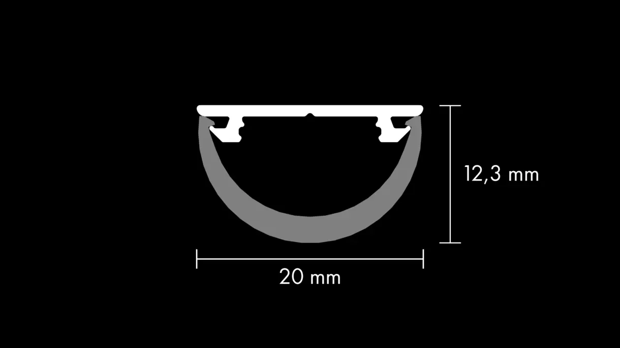 Querschnittszeichnung der LED-Lichtleiste CROOK 20 mit rundem Diffusor und Abmessungen – technische Darstellung von DWD Concepts