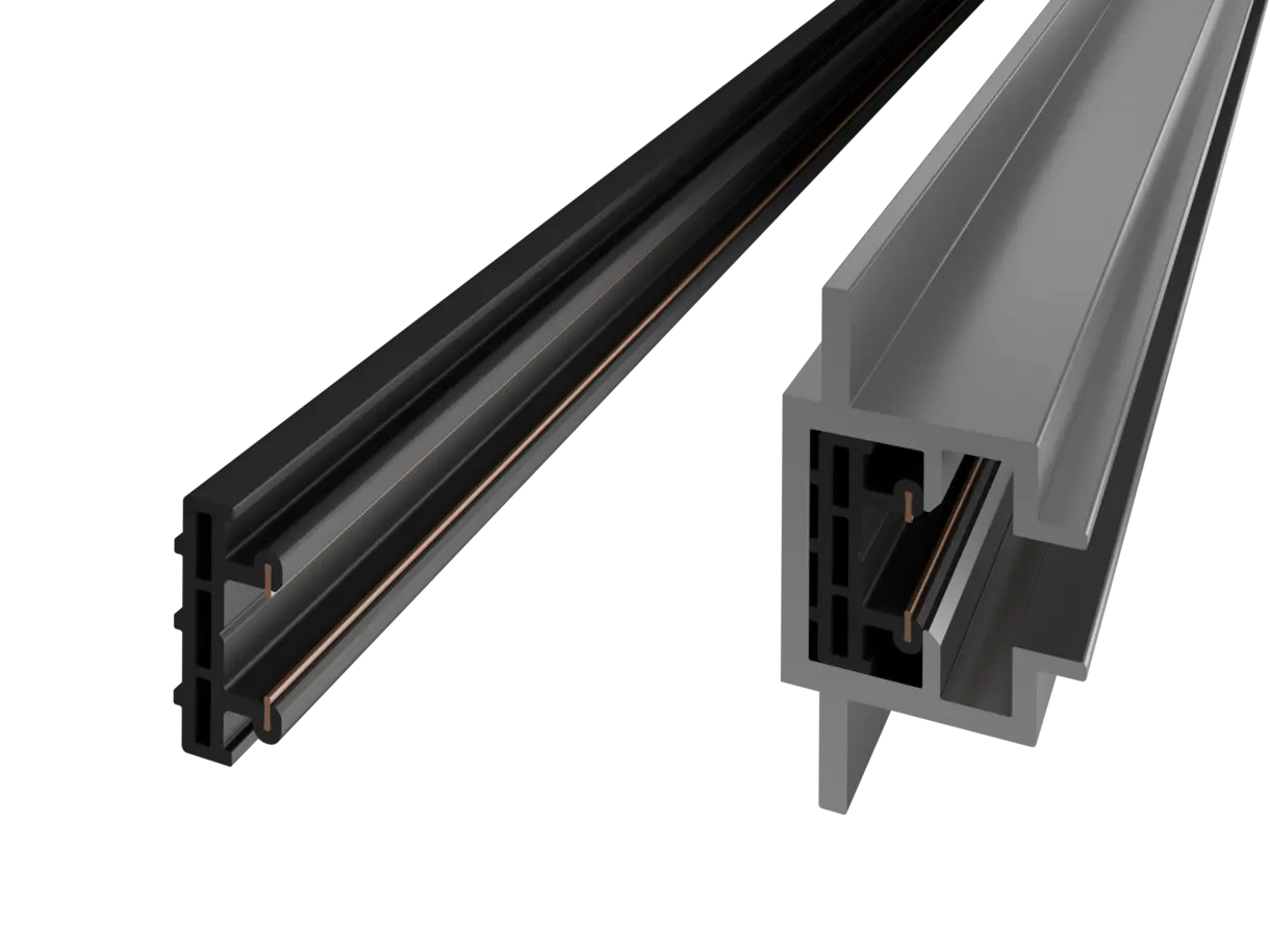linke Abbildung: BBS INWI Stromschiene – rechte Abbildung: Stromschiene integriert im Aluminiumträgersystem – flexible Stromschienenlösung von DWD Concepts