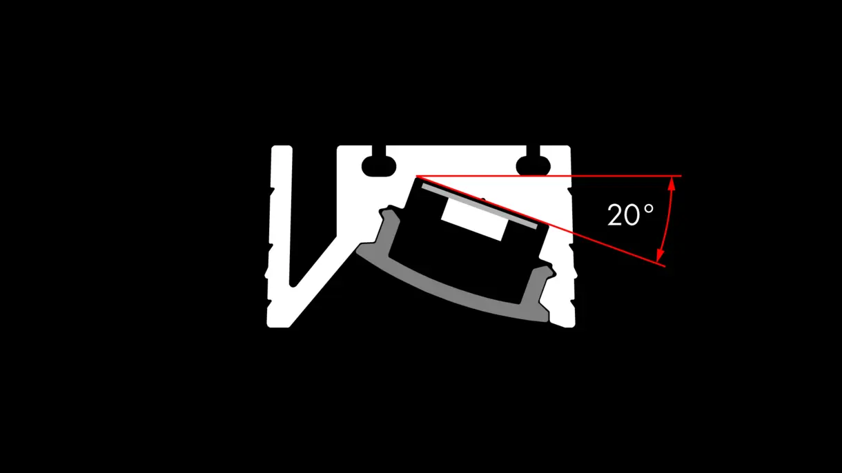 Querschnittszeichnung der LED-Lichtleiste CAPH mit 20° Neigungswinkel – technische Darstellung von DWD Concepts