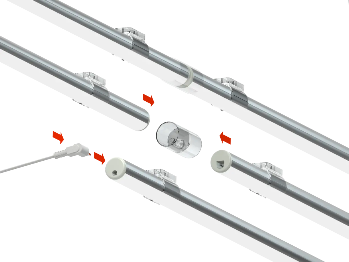 Darstellung der LED-Lichtleiste GALLERY MDC mit Adapterverbindern und MDC Plug – modulares Lichtsystem von DWD Concepts