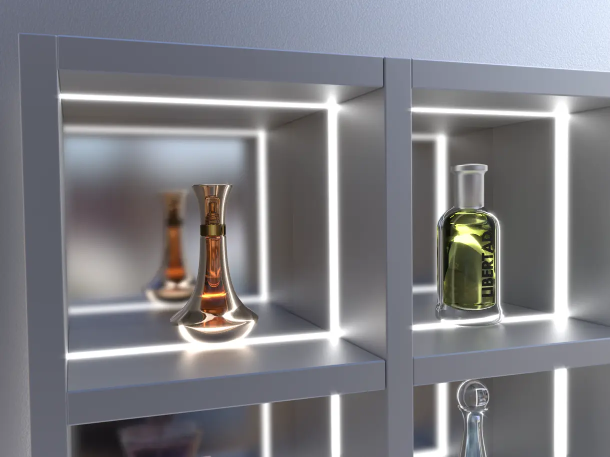 Einbausituation der LED-Lichtleiste RIPPS in eingelassener Montage im Holzregal – Produktpräsentation von Parfümflakons mit Lichtsystem von DWD Concept