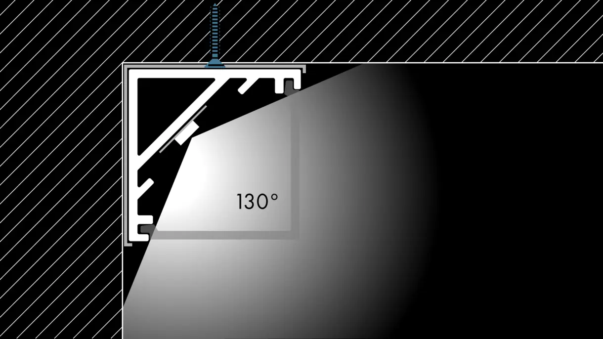 Querschnittszeichnung der LED-Lichtleiste TITA L mit verschraubter Montage und 130° Abstrahlwinkel – stabile Lichtlösung von DWD Concepts