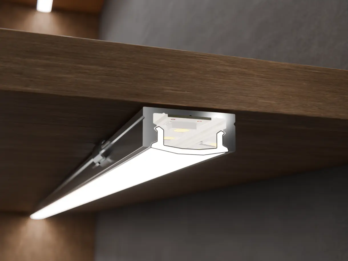 LED-Lichtleiste CALLU in Aufbaumontage am Holzfachboden – effiziente Beleuchtungslösung von DWD Concepts