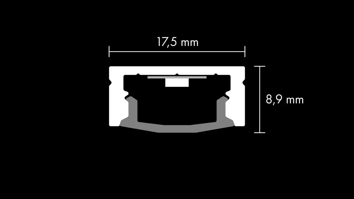 Querschnittszeichnung der LED-Lichtleiste CALLU mit Diffusor und Abmessungen – technische Darstellung von DWD Concepts
