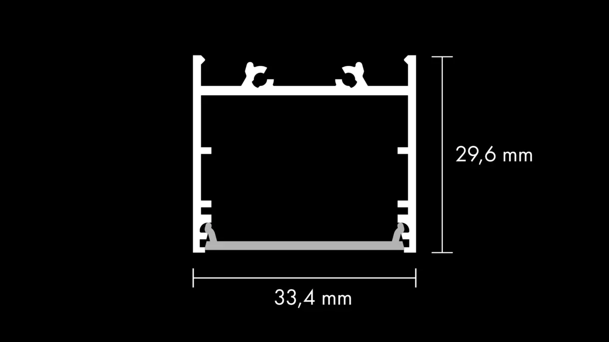 Querschnittszeichnung der LED-Lichtleiste ENSA mit flachem Diffusor und Abmessungen – technische Darstellung von DWD Concepts