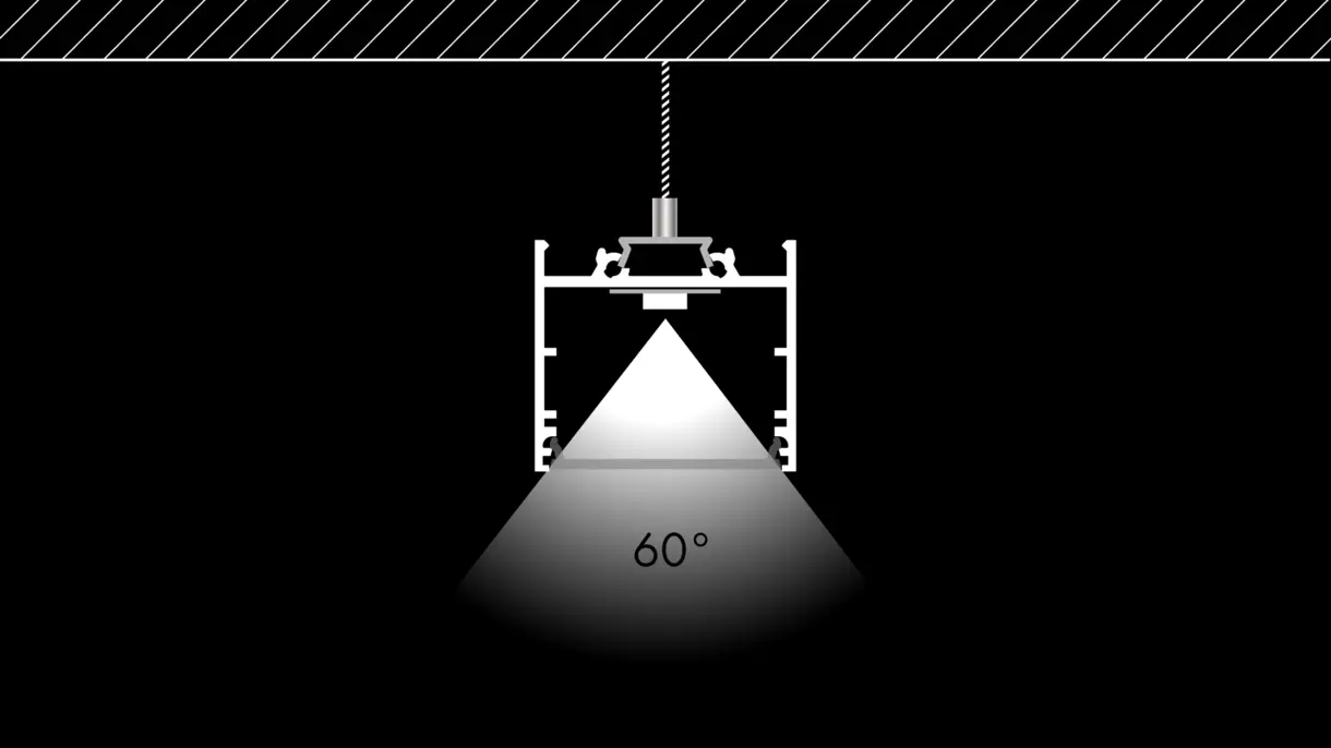 Querschnittszeichnung der LED-Lichtleiste ENSA mit hängender Montage und 60° Abstrahlwinkel – präzises Lichtsystem von DWD Concepts