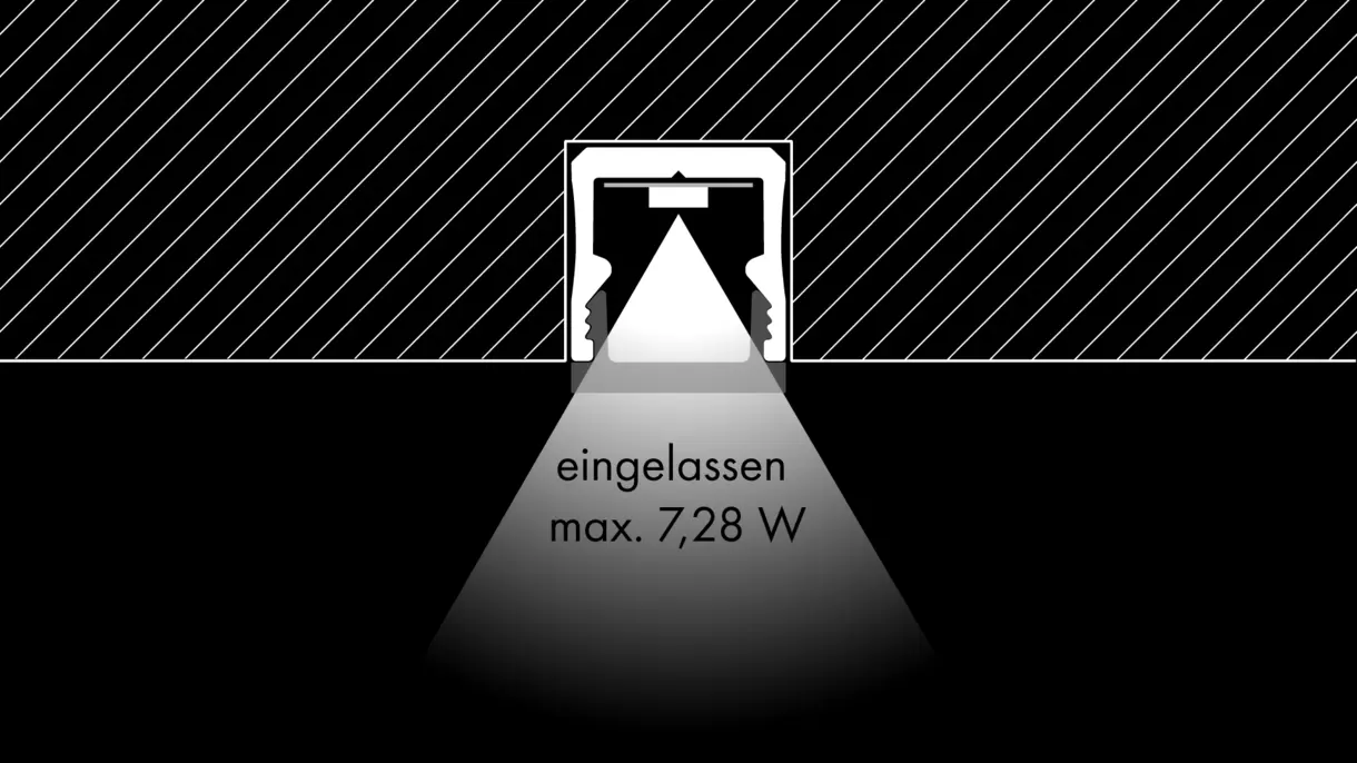 Querschnittszeichnung der LED-Lichtleiste RIPPS in eingelassener Montage mit maximaler Leistung – technische Darstellung von DWD Concepts