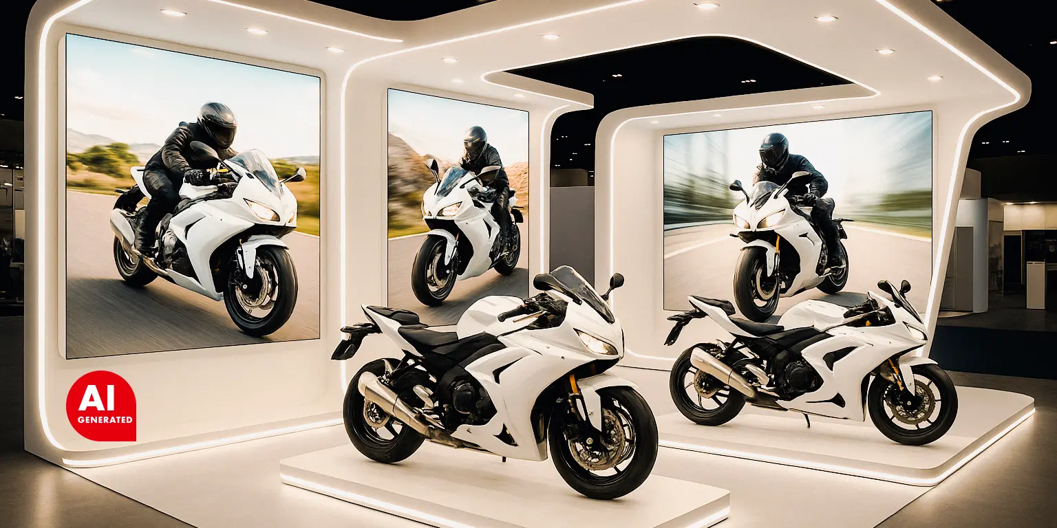 Messestand mit Motorrädern und integrierten LED-Lichtsystemen zur Produktpräsentation.