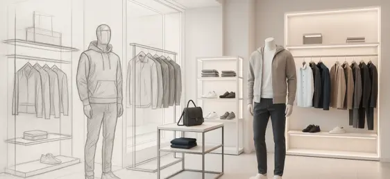 Visualisierung einer Männerboutique, das auf der linken Seite ein Realbild zeigt und nach rechts fließend in eine Strichzeichnung übergeht.