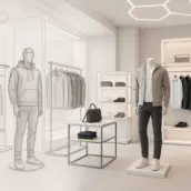 Visualisierung einer Männerboutique, das auf der linken Seite ein Realbild zeigt und nach rechts fließend in eine Strichzeichnung übergeht.