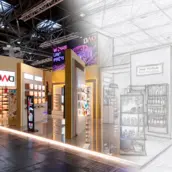 Halb reale, halb skizzierte Darstellung eines DWD Messestands – Verbindung aus Fotorealismus und Scribble-Stil.